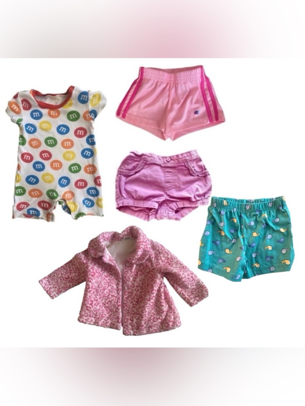 Baby Girl 18 Months bundle 3 shorts 1 onesie 1 coat Champion, M&M, Garanimals